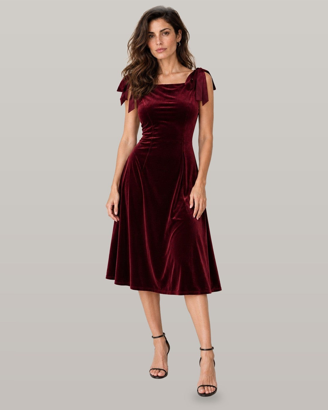Red Boat Neck Sleeveless Velour Midi Dress