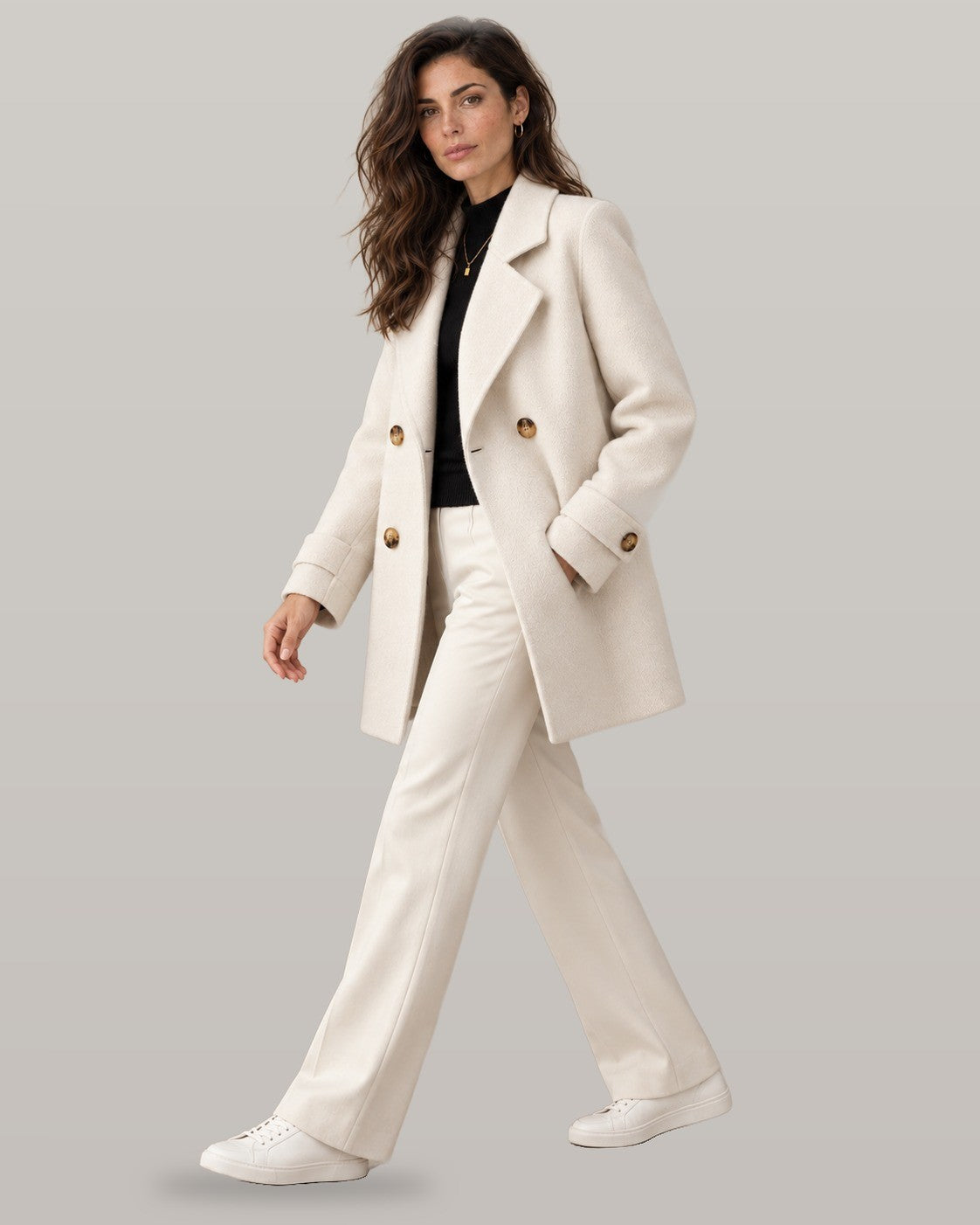 Tiara double-breasted coat in beige, full-length view