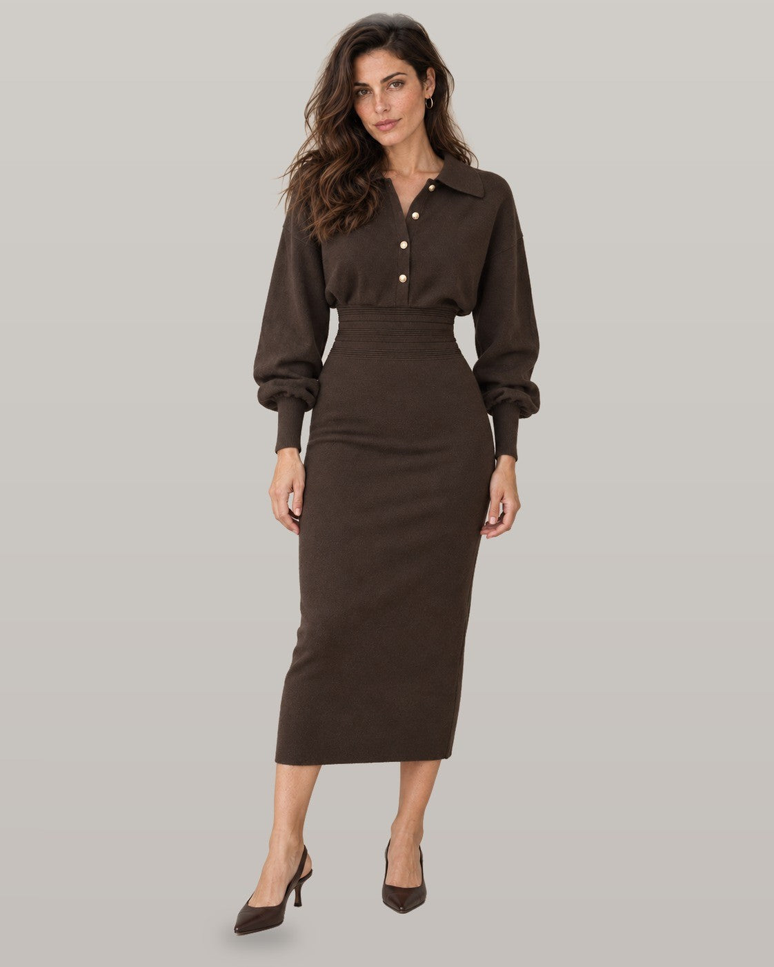 Cinched waist knit shirt dress in brown, full-length view