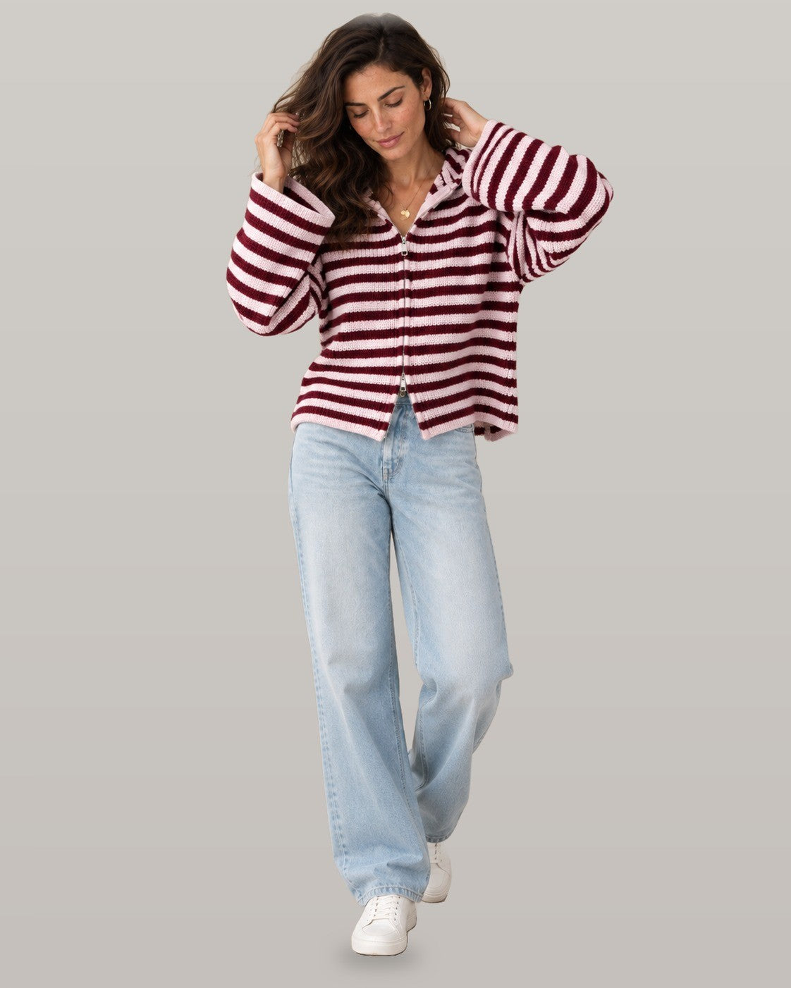 Striped zip cardigan, full-length view