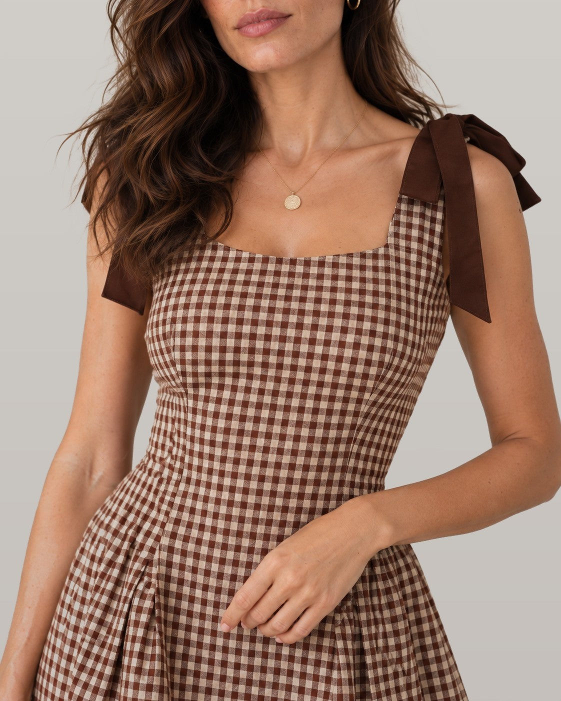 Brown Sleeveless Shirred Plaid Midi Dress