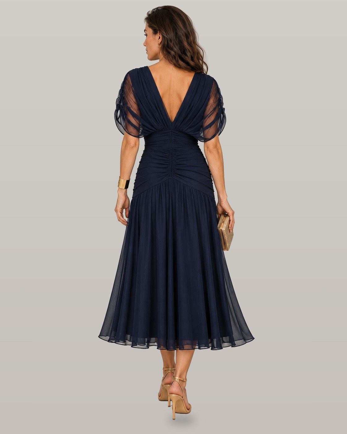 Willow navy midi dress, back view with deep V back