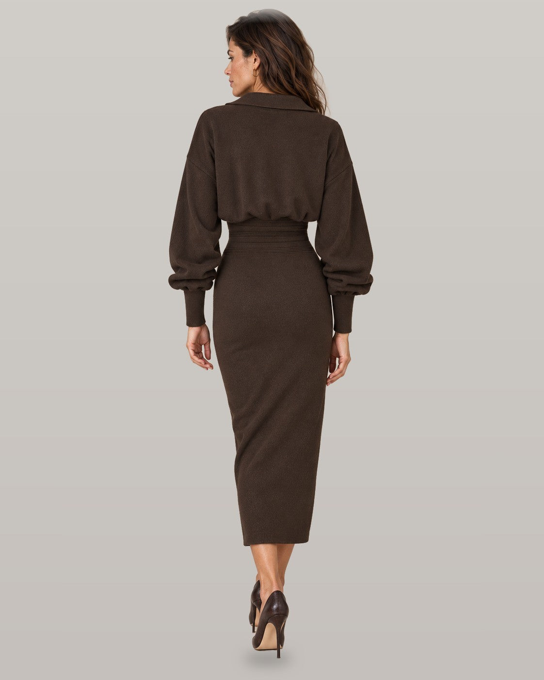 Cinched waist knit shirt dress in brown, back view