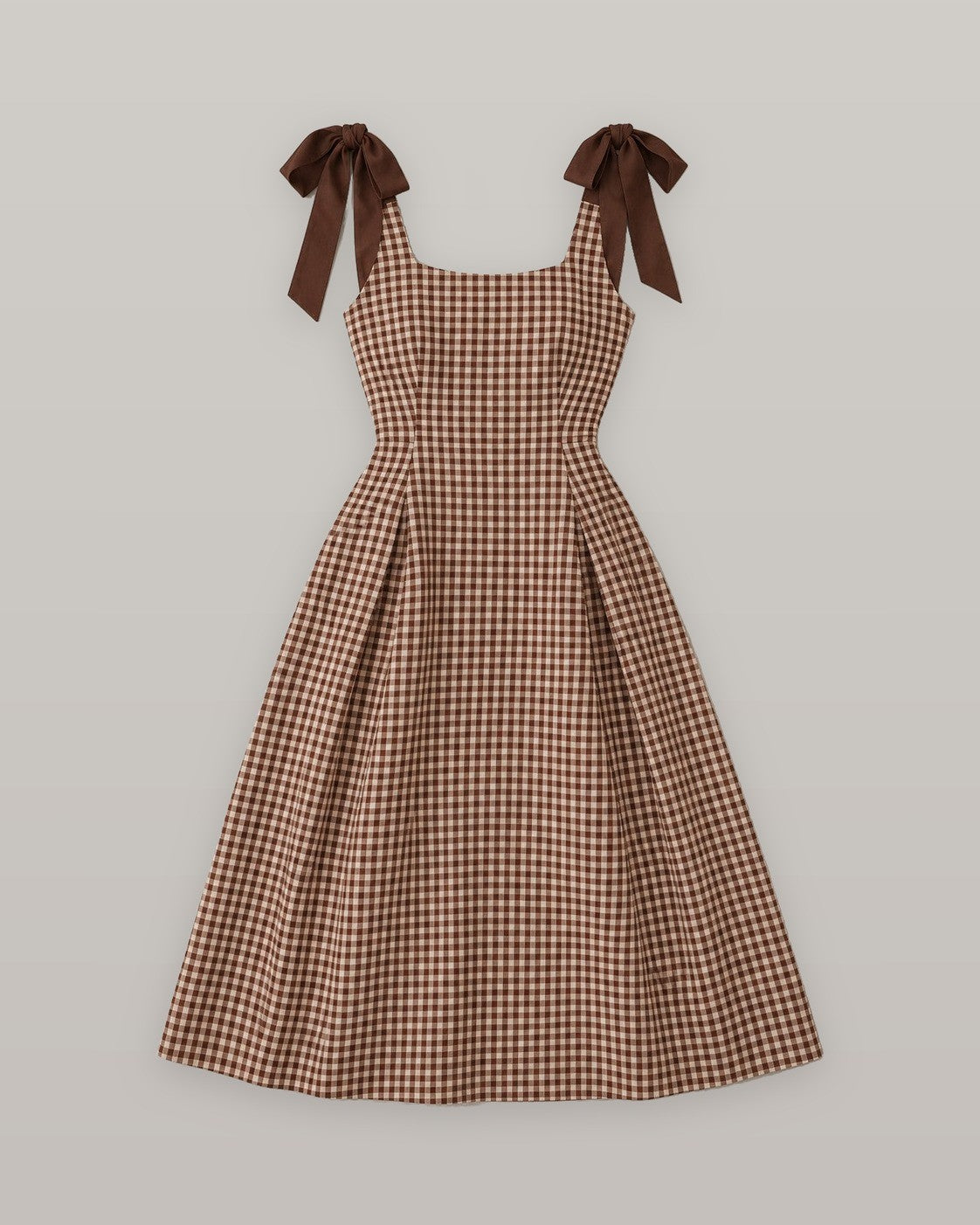 Brown Sleeveless Shirred Plaid Midi Dress
