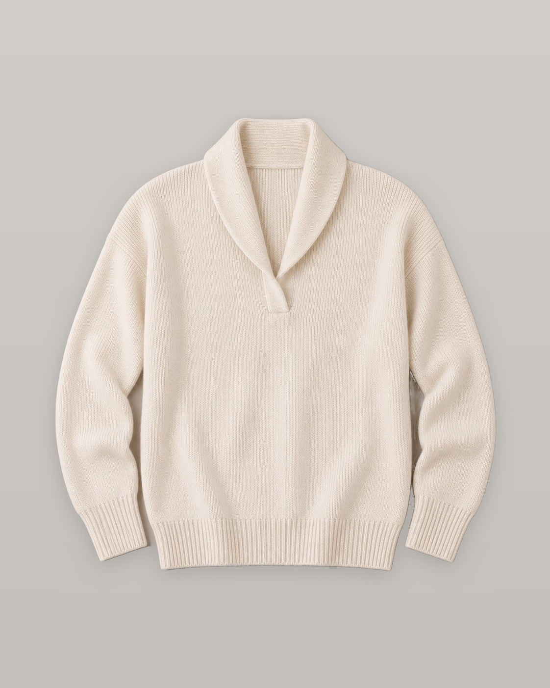 Nella shawl collar V-neck sweater in cream, flat lay