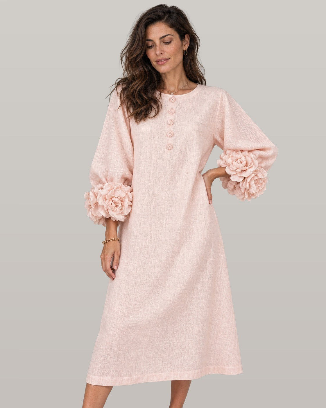 Midi dress with rose-cuff sleeves in pink, front view