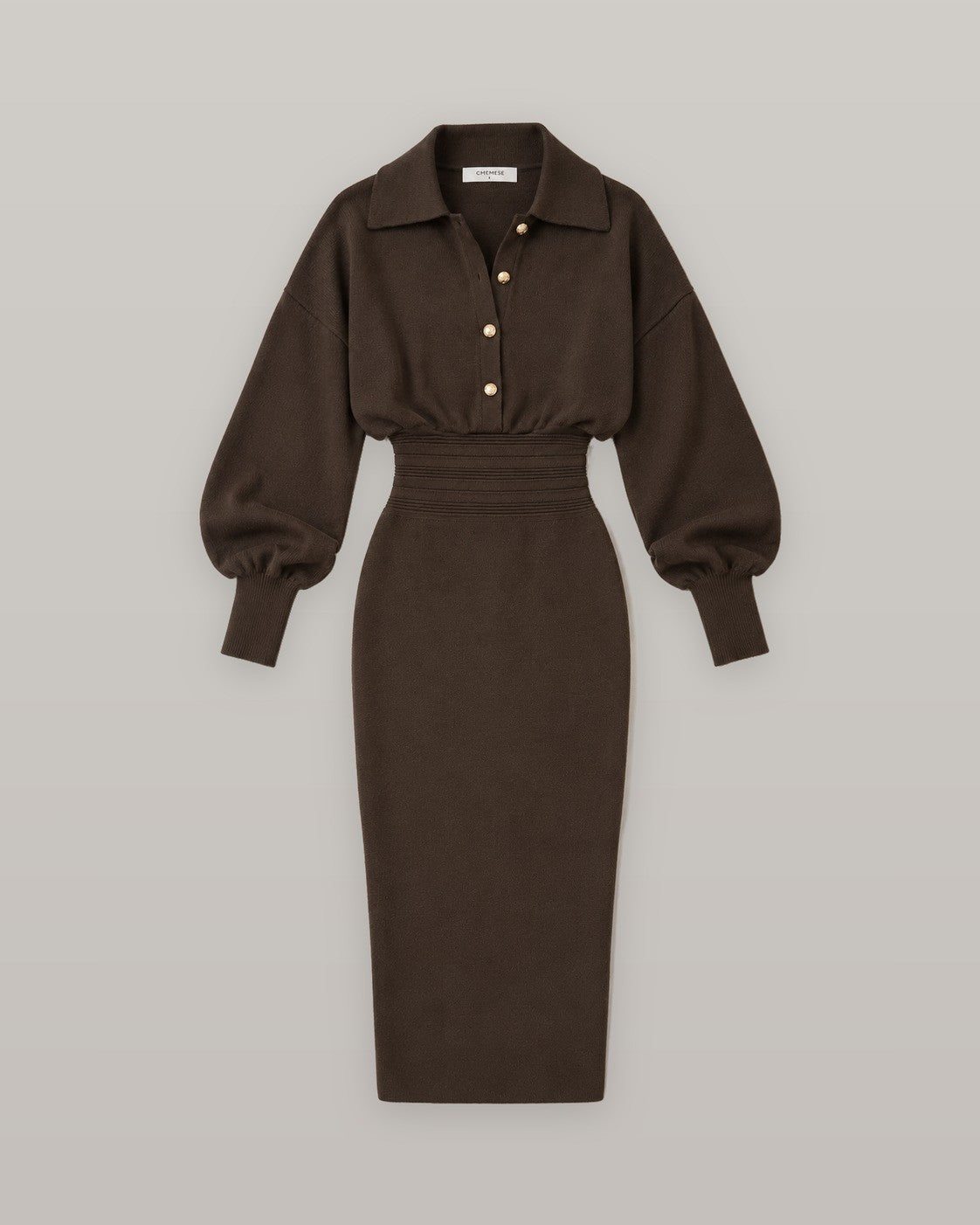 Cinched waist knit shirt dress in brown, flat lay