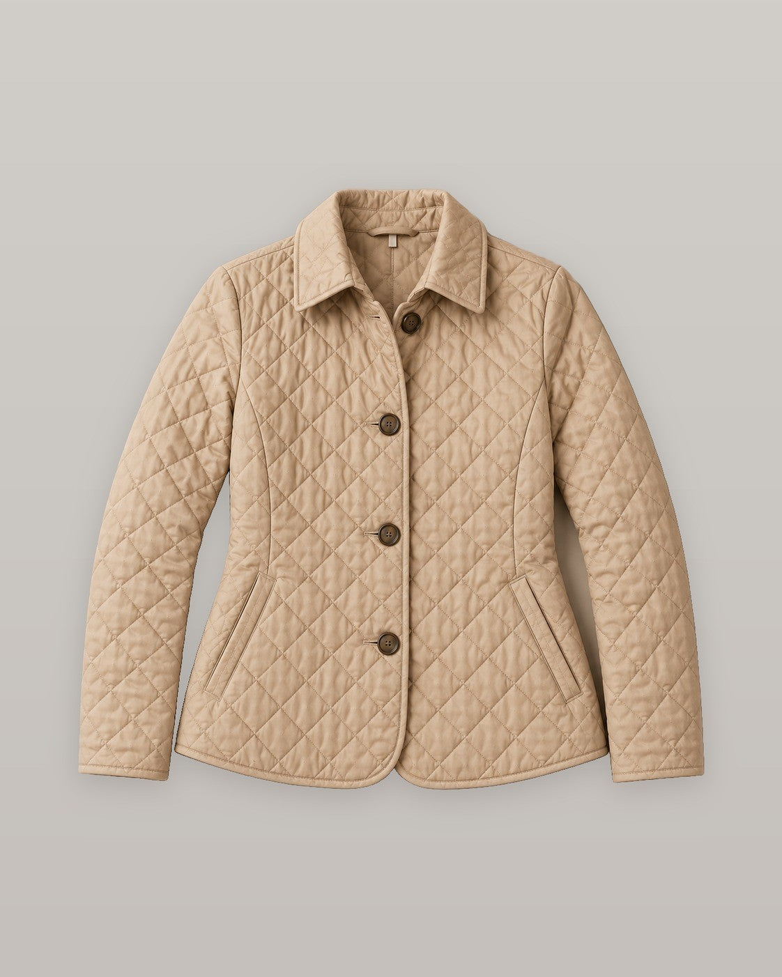 Elegant quilted jacket in beige, flat lay