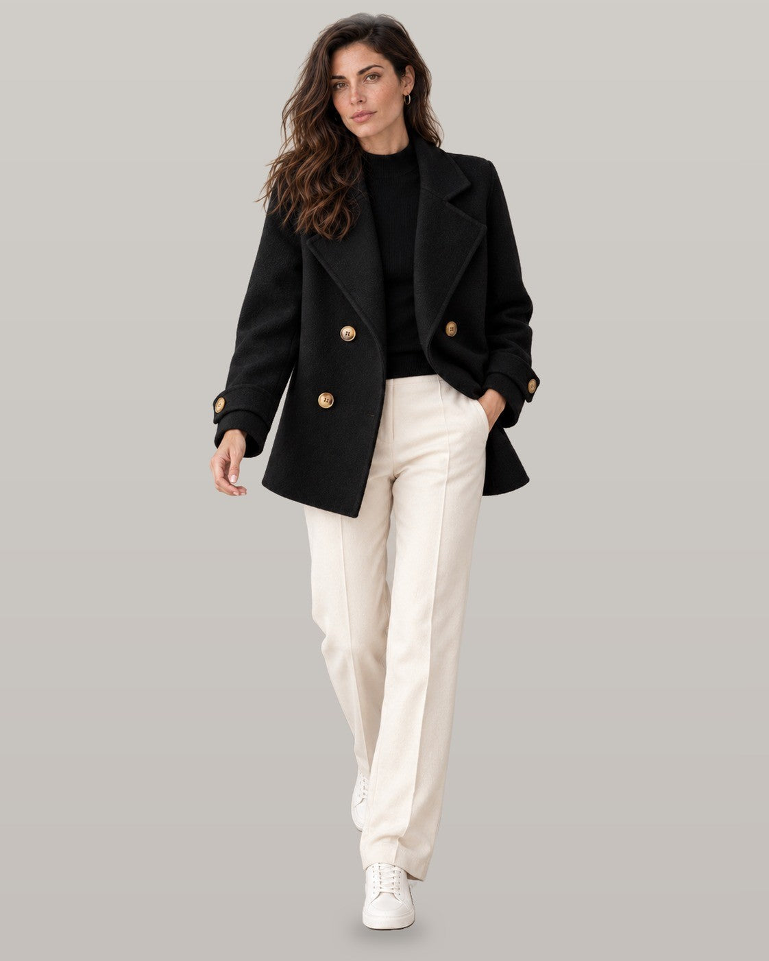Tiara double-breasted coat in black, full-length view