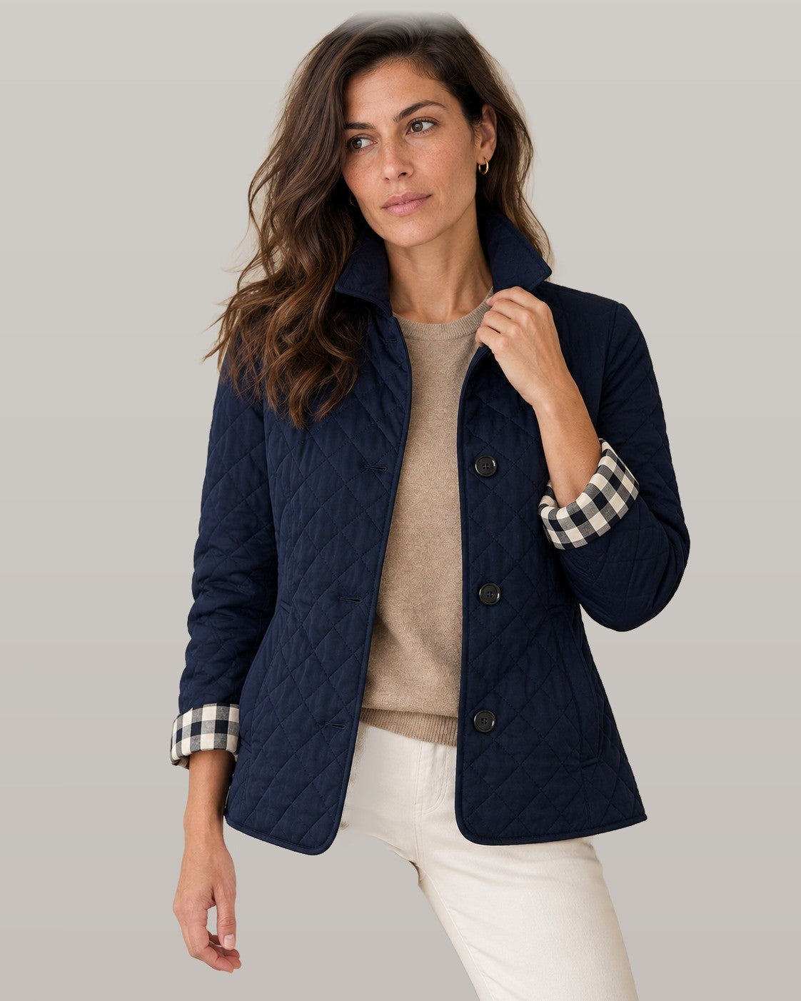 Elegant quilted jacket in navy, front view
