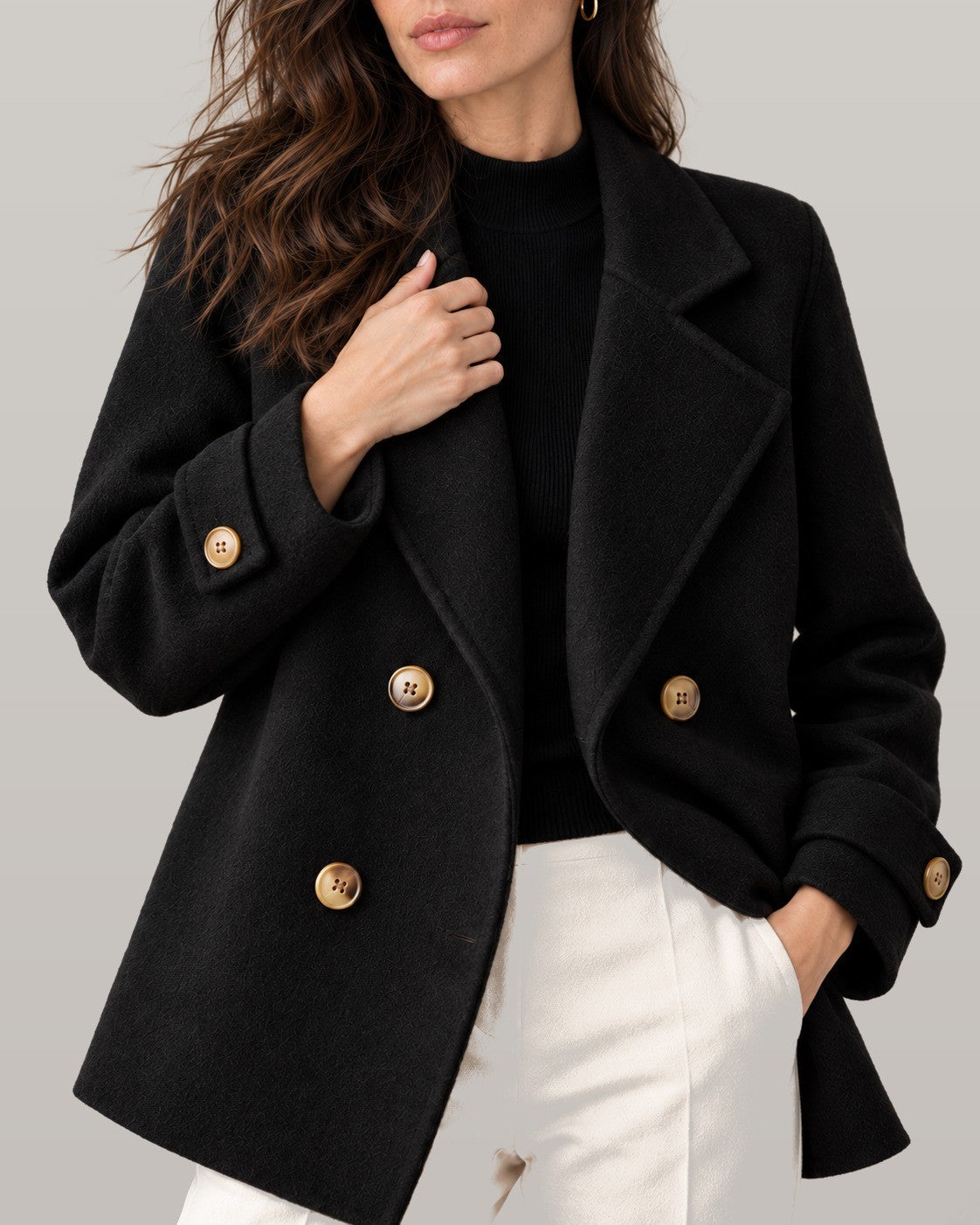 Tiara double-breasted coat in black, close-up detail