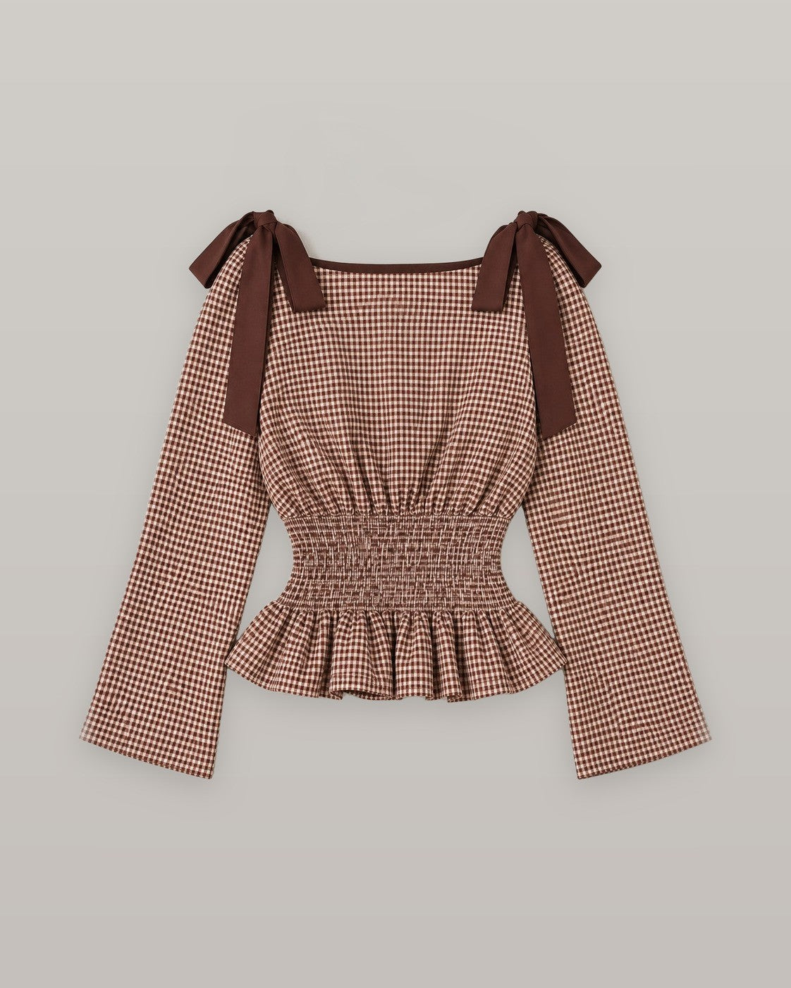 Gingham Tie Shoulder Smocked Blouse