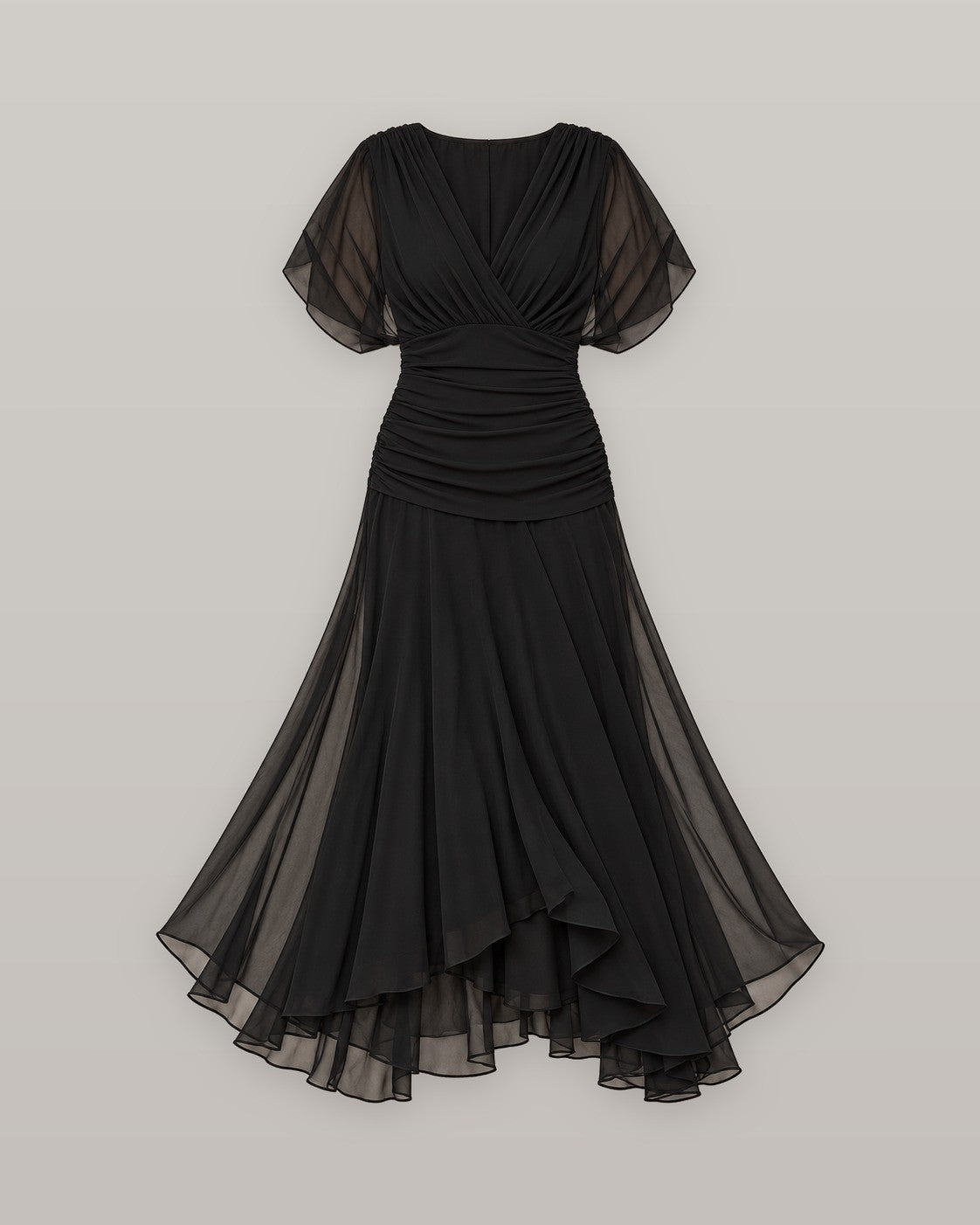 Elegant maxi party dress in black, flat lay