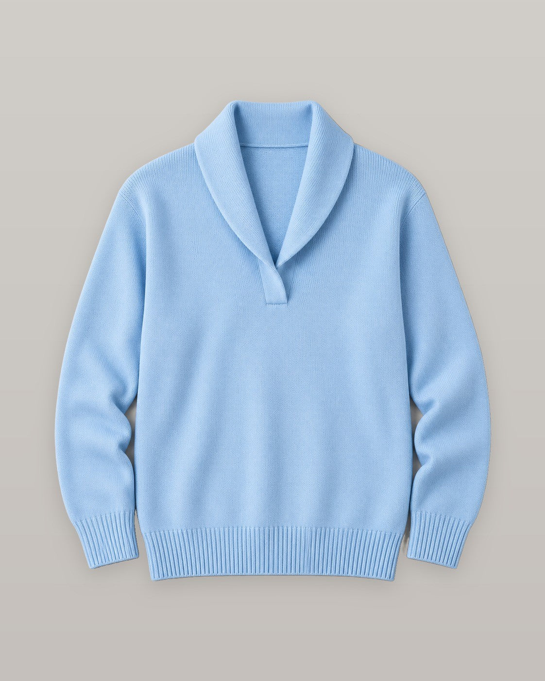 Nella shawl collar V-neck sweater in light blue, flat lay