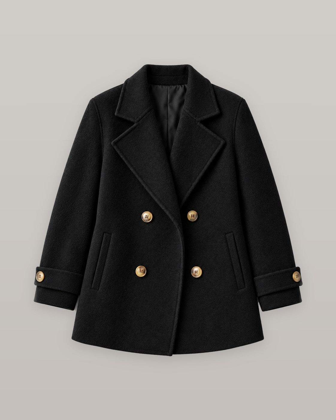Tiara double-breasted coat in black, flat lay