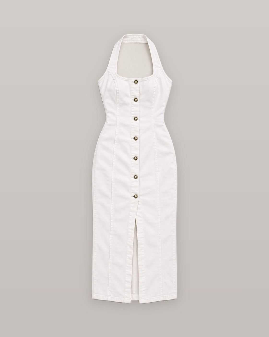 Denim halter button front maxi dress in white, flat lay
