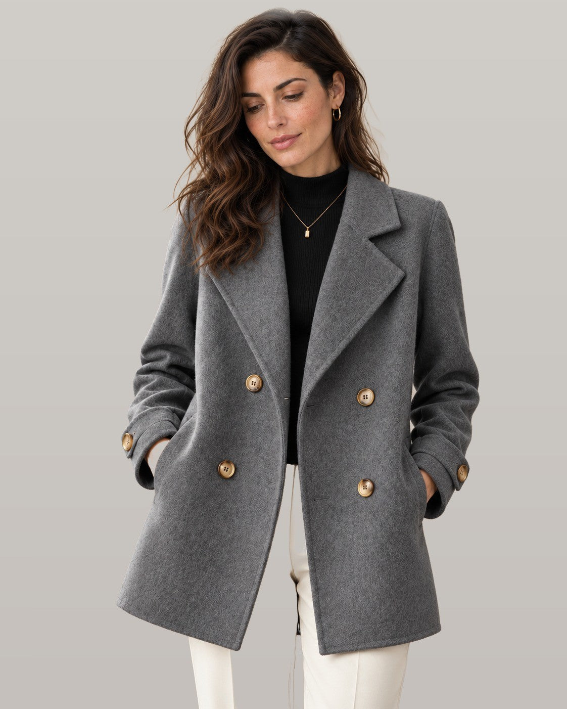 Tiara double-breasted coat in gray, front view