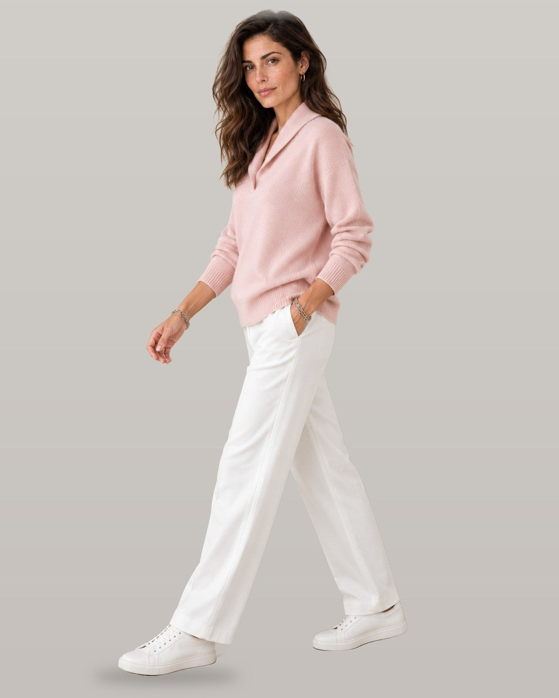 Nella shawl collar V-neck sweater in pink, full-length view
