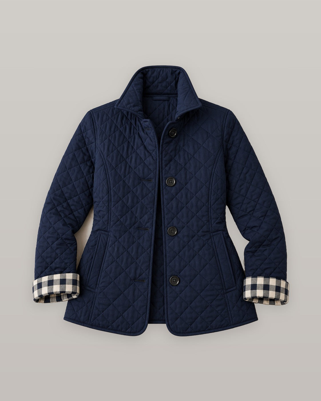 Elegant quilted jacket in navy, flat lay