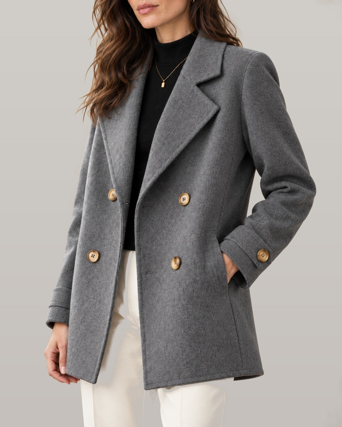 Tiara double-breasted coat in gray, close-up detail