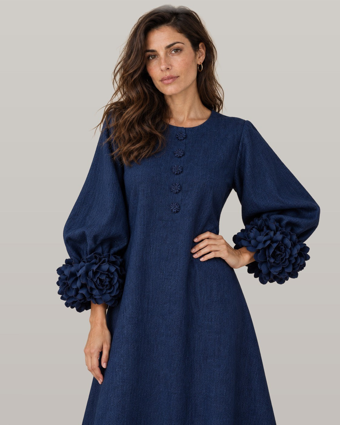 Midi dress with rose-cuff sleeves in navy blue, front view