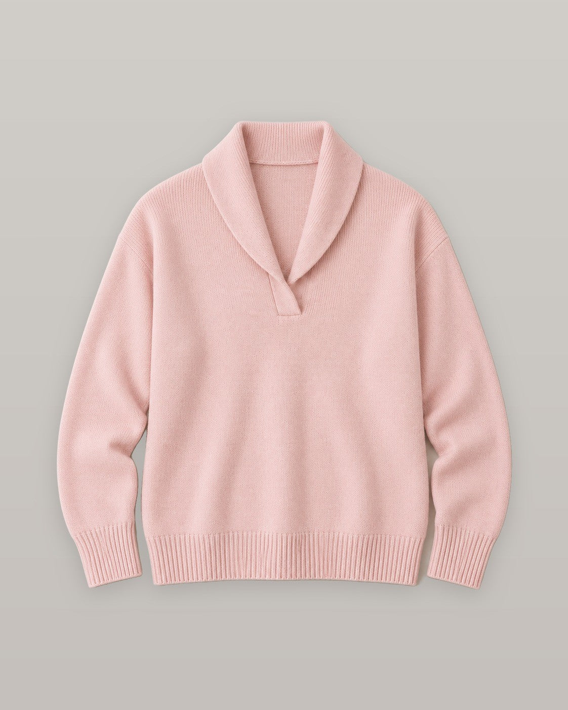 Nella shawl collar V-neck sweater in pink, flat lay