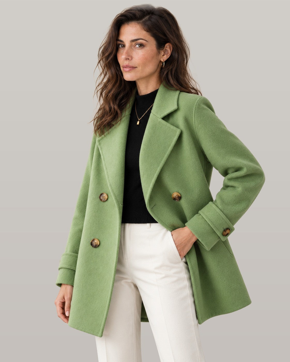 Tiara double-breasted coat in green, front view