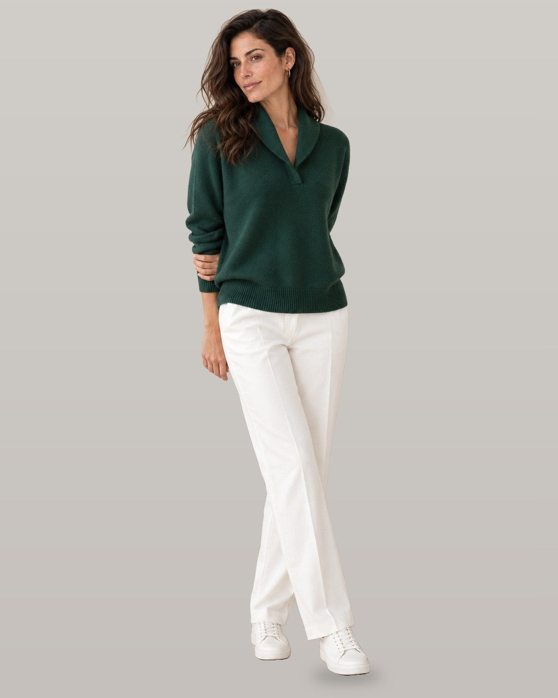 Nella shawl collar V-neck sweater in dark green, full-length view