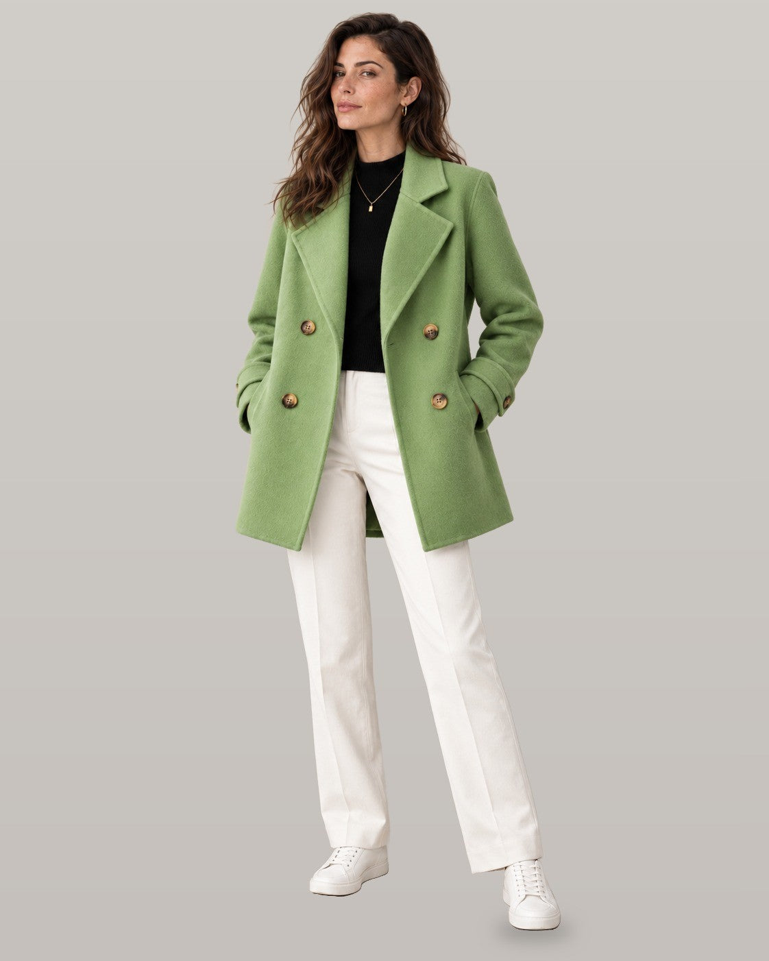 Tiara double-breasted coat in green, full-length view
