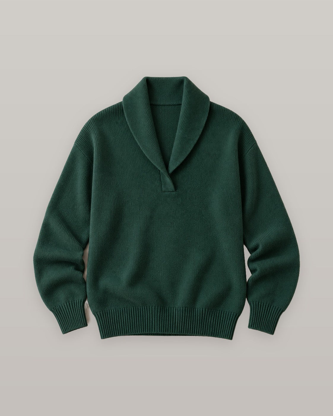Nella shawl collar V-neck sweater in dark green, flat lay