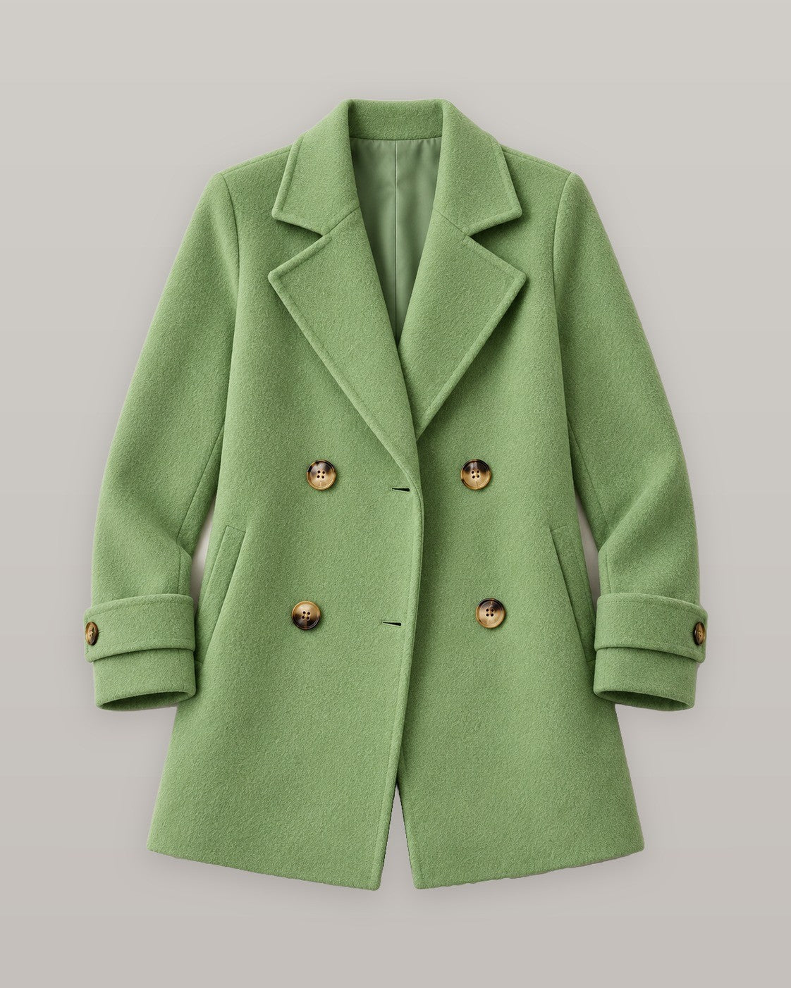 Tiara double-breasted coat in green, flat lay
