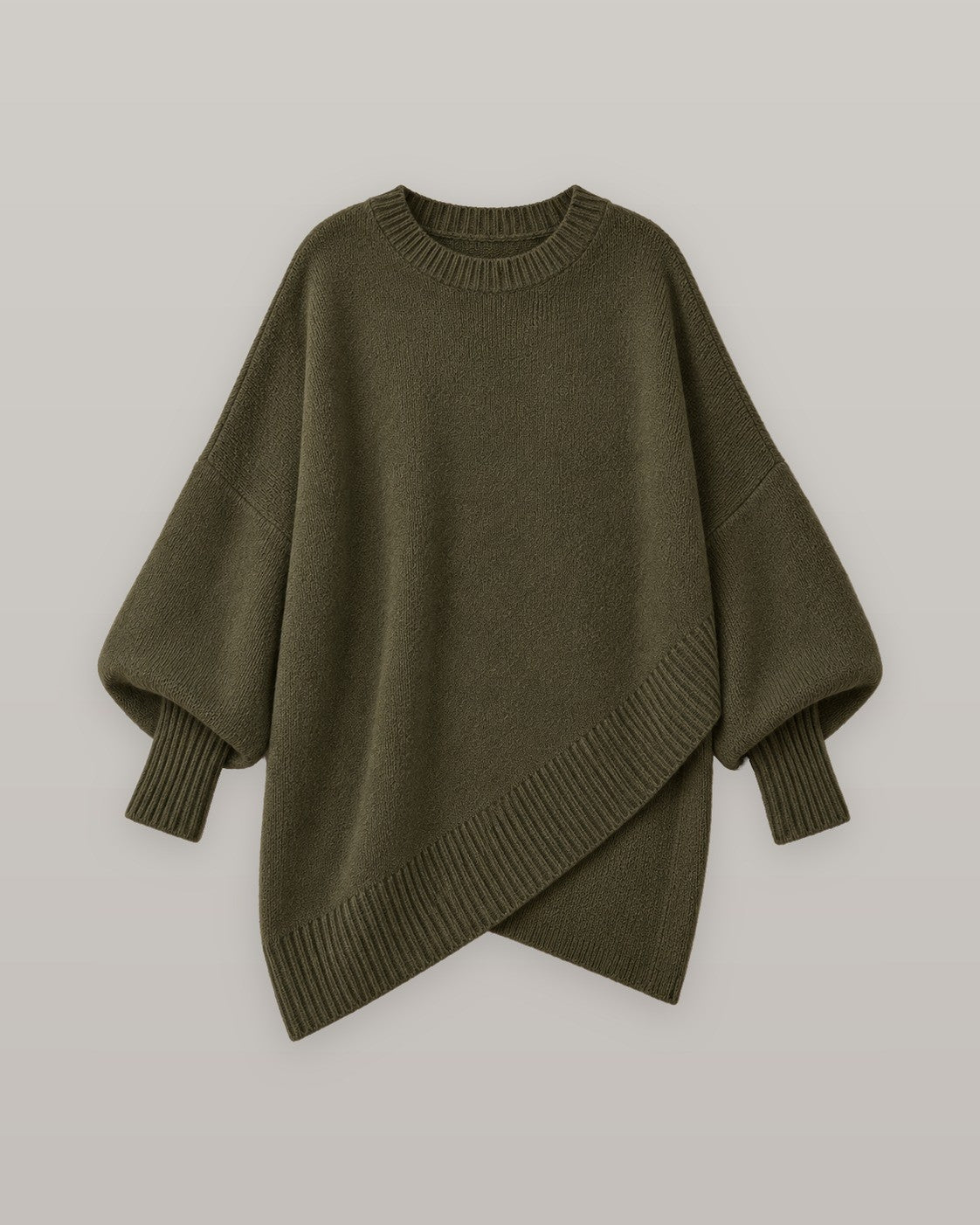 Draped asymmetric knit poncho in dark green, flat lay