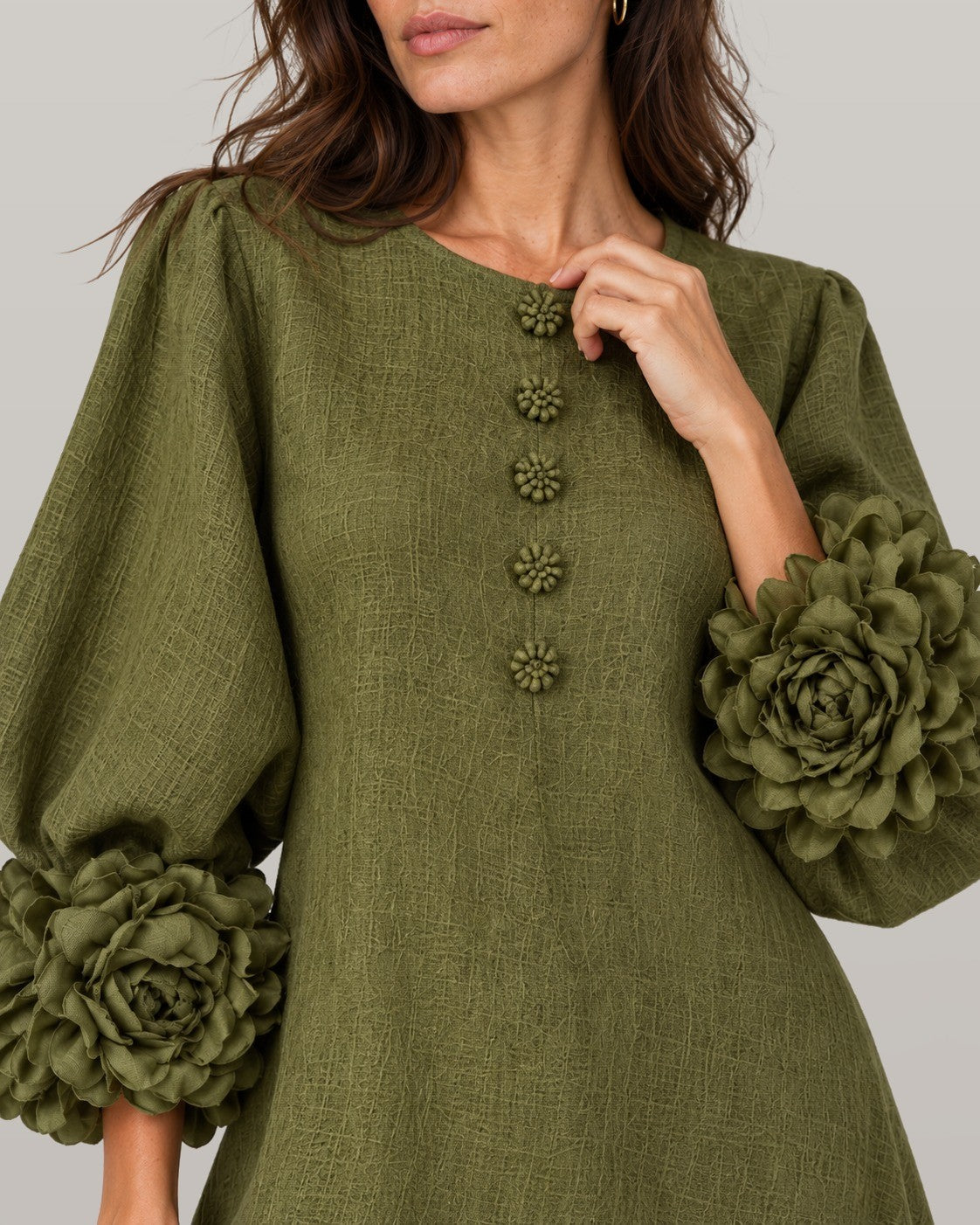 Midi dress with rose-cuff sleeves in olive, close-up detail
