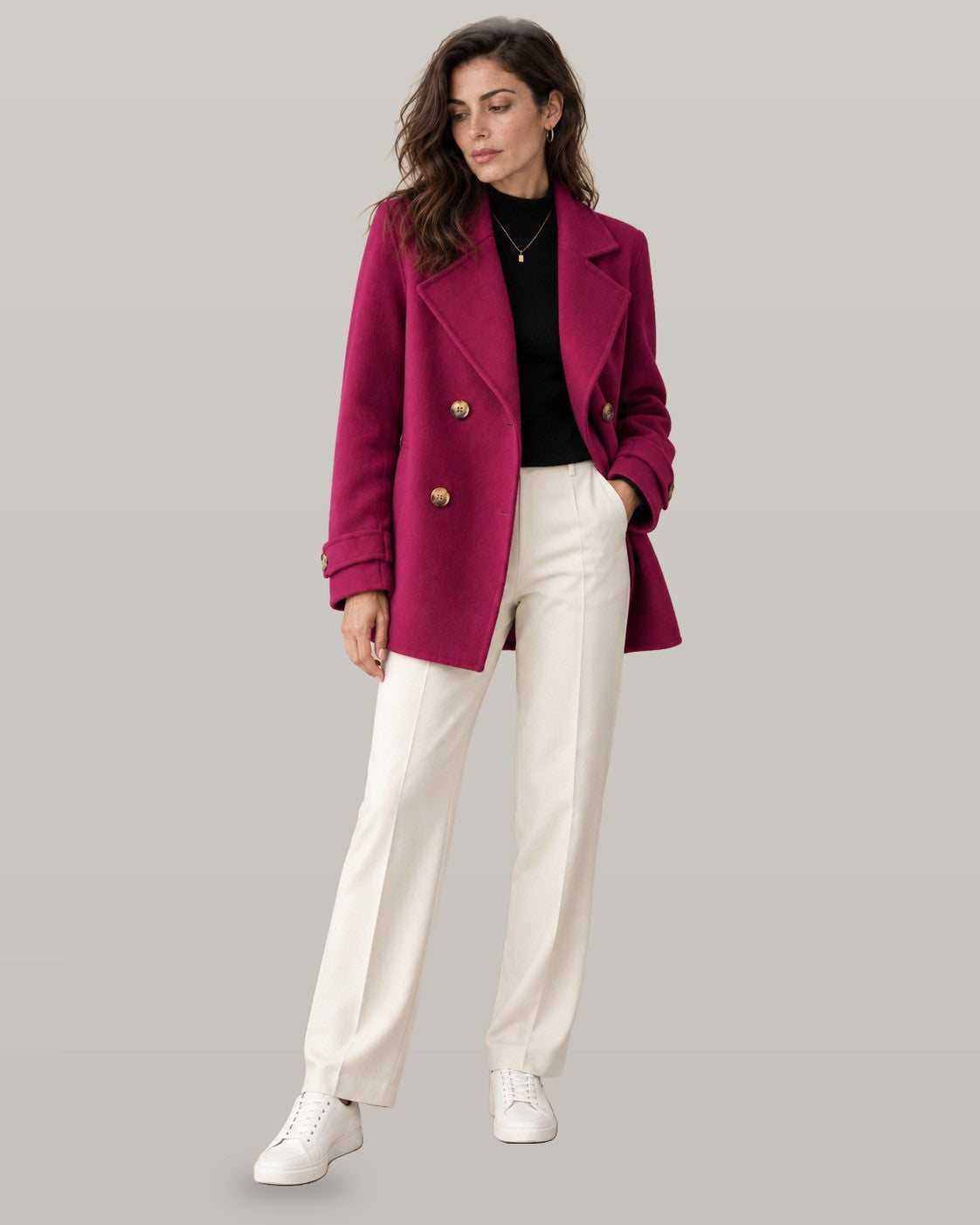 Tiara double-breasted coat in red, full-length view