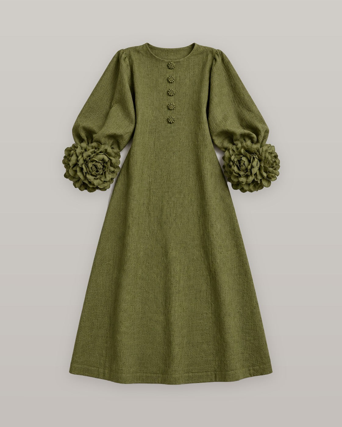 Midi dress with rose-cuff sleeves in olive, flat lay
