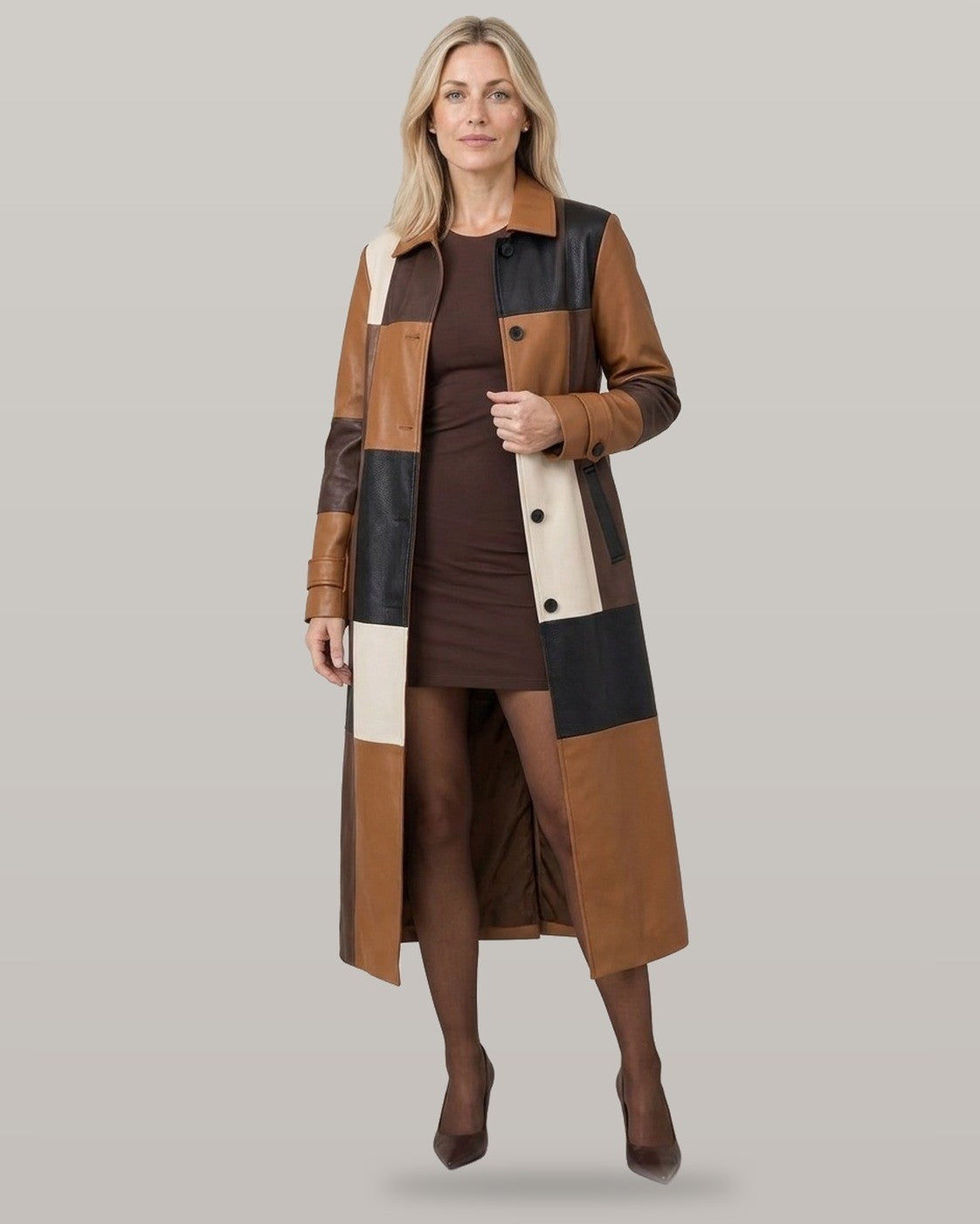 Patchwork Faux Leather Trench Coat