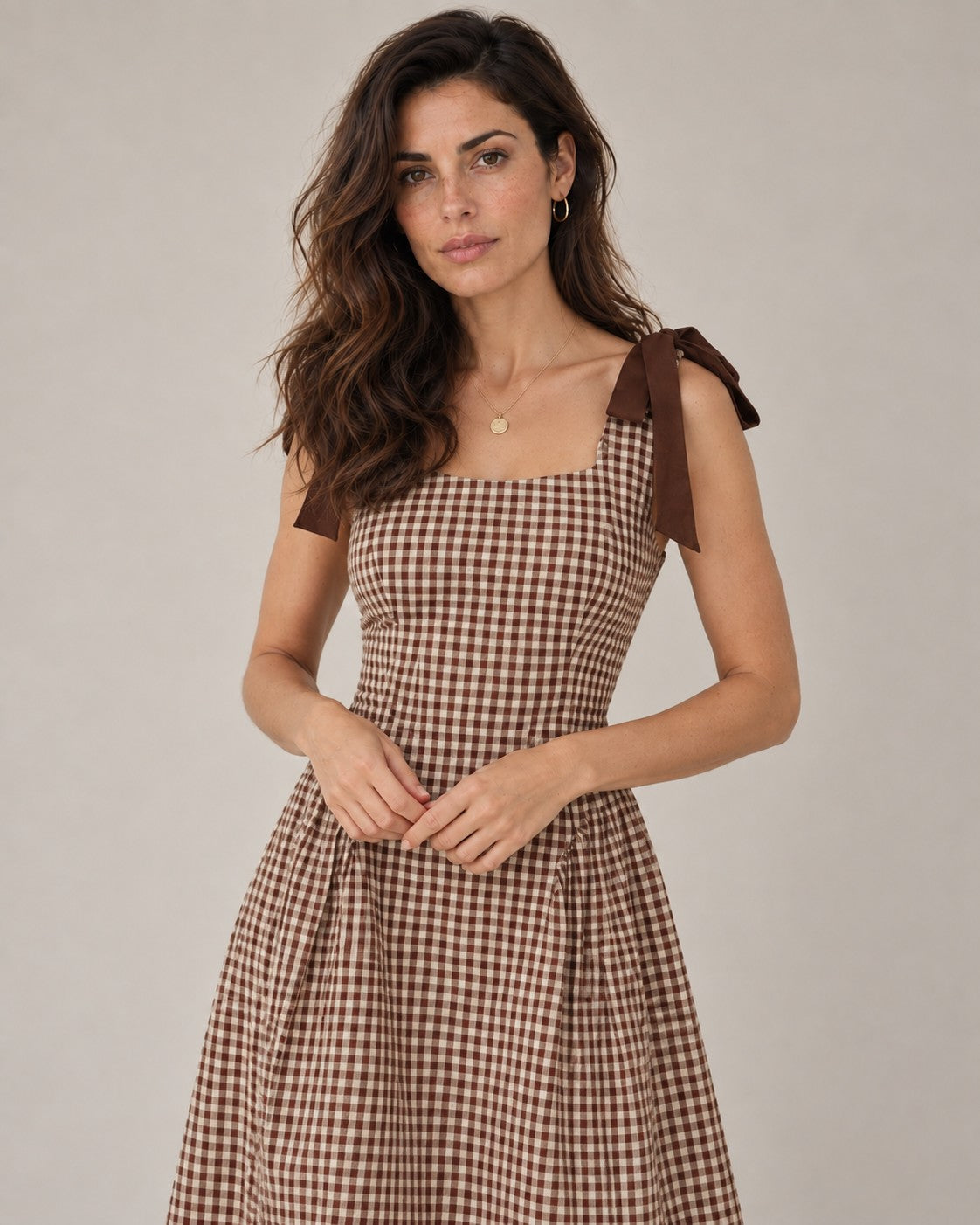 Brown Sleeveless Shirred Plaid Midi Dress