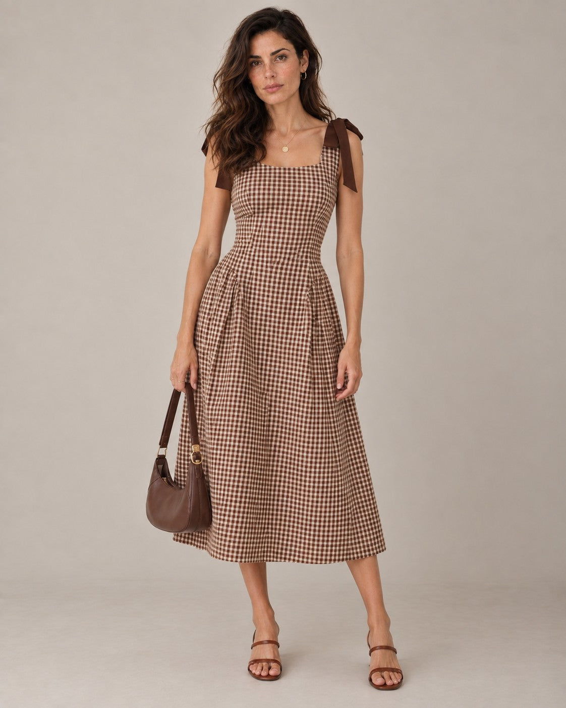 Brown Sleeveless Shirred Plaid Midi Dress