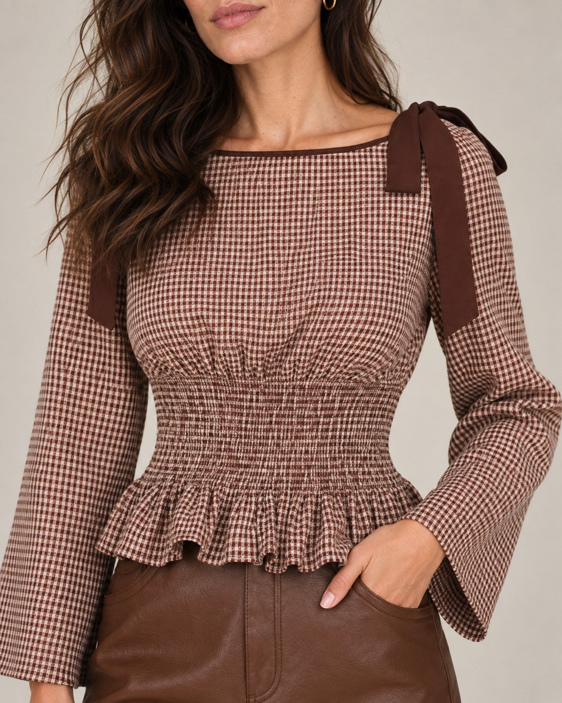 Brown Gingham Tie Strap Mini Dress