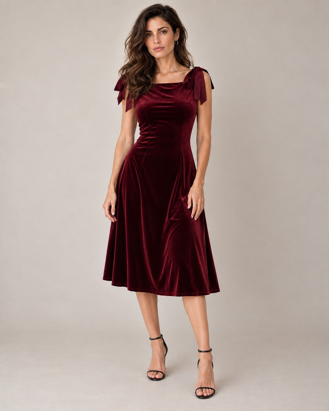 Red Boat Neck Sleeveless Velour Midi Dress