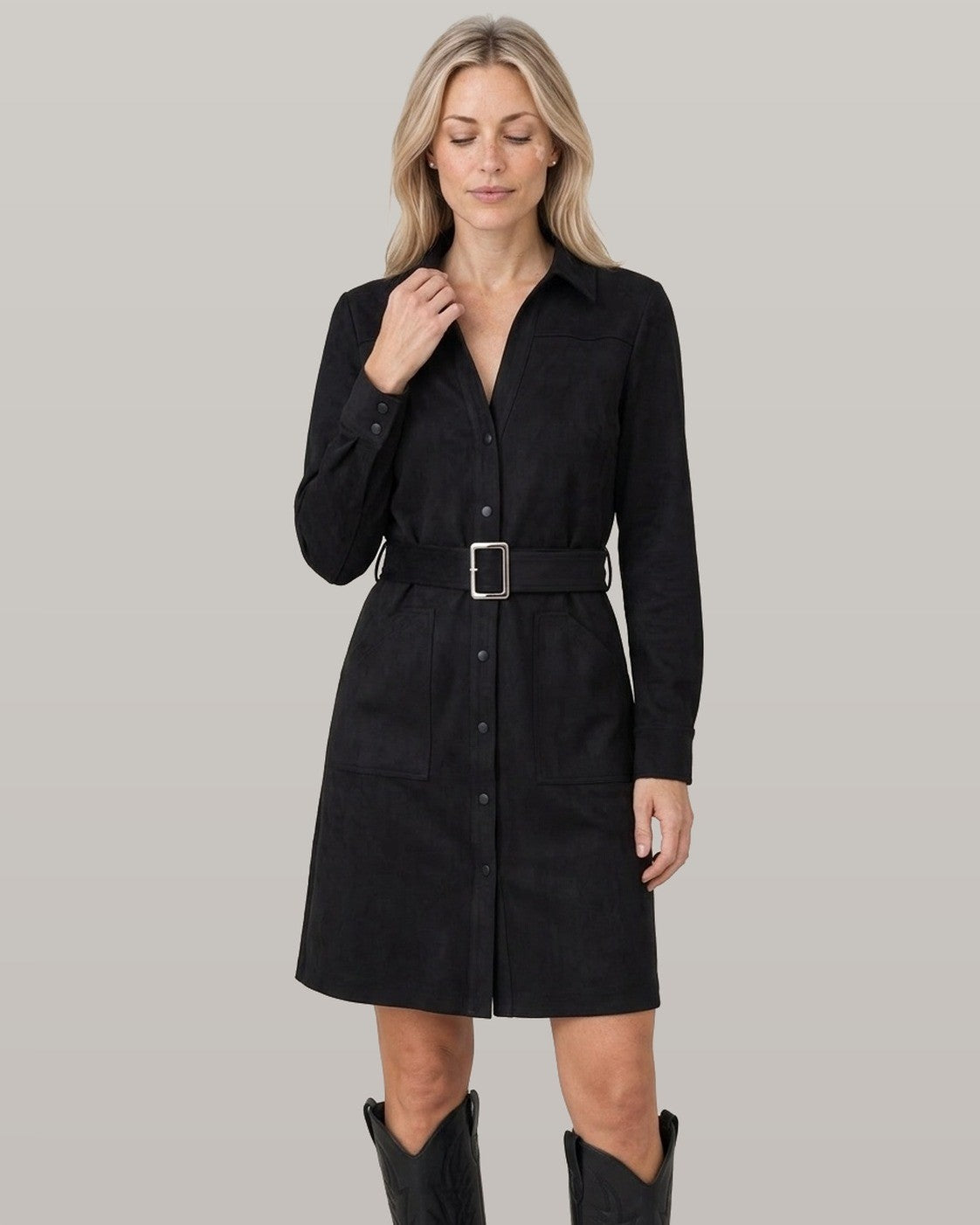 Belted Faux Suede Shirt Dress