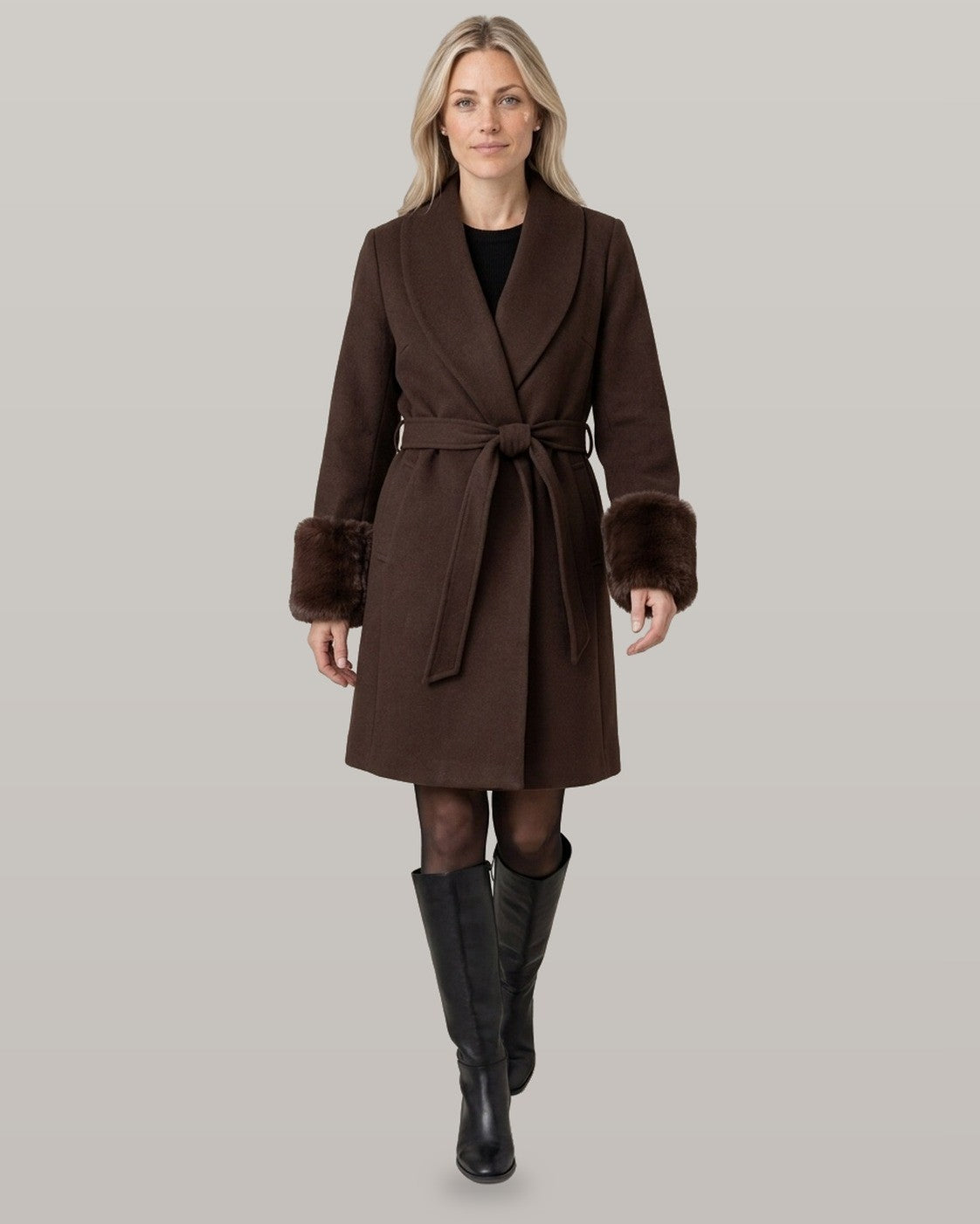 Belted Wrap Coat with Faux Fur Cuffs