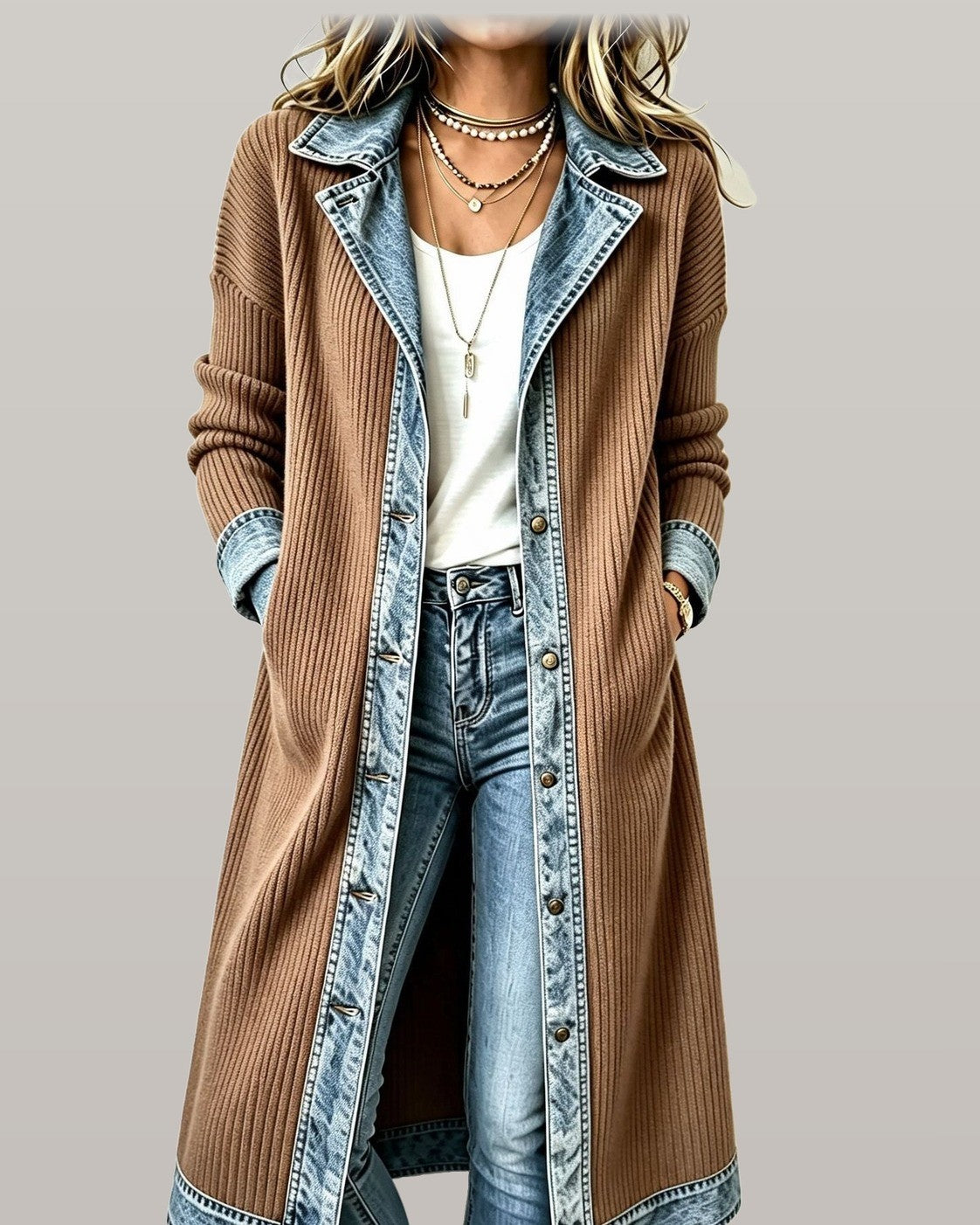 Riley Denim Trim Long-Line Knit Cardigan