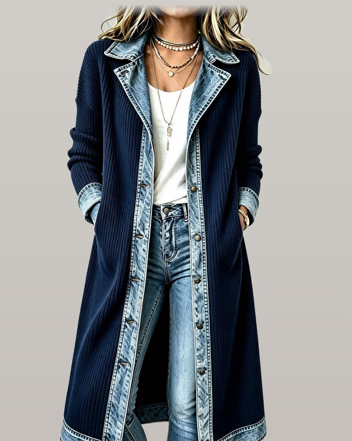 Riley Denim Trim Long-Line Knit Cardigan