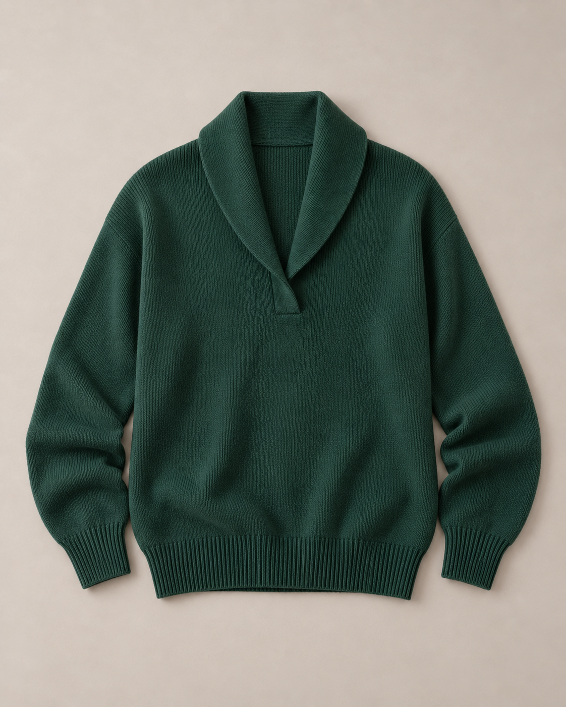 Nella shawl collar V-neck sweater in dark green, flat lay
