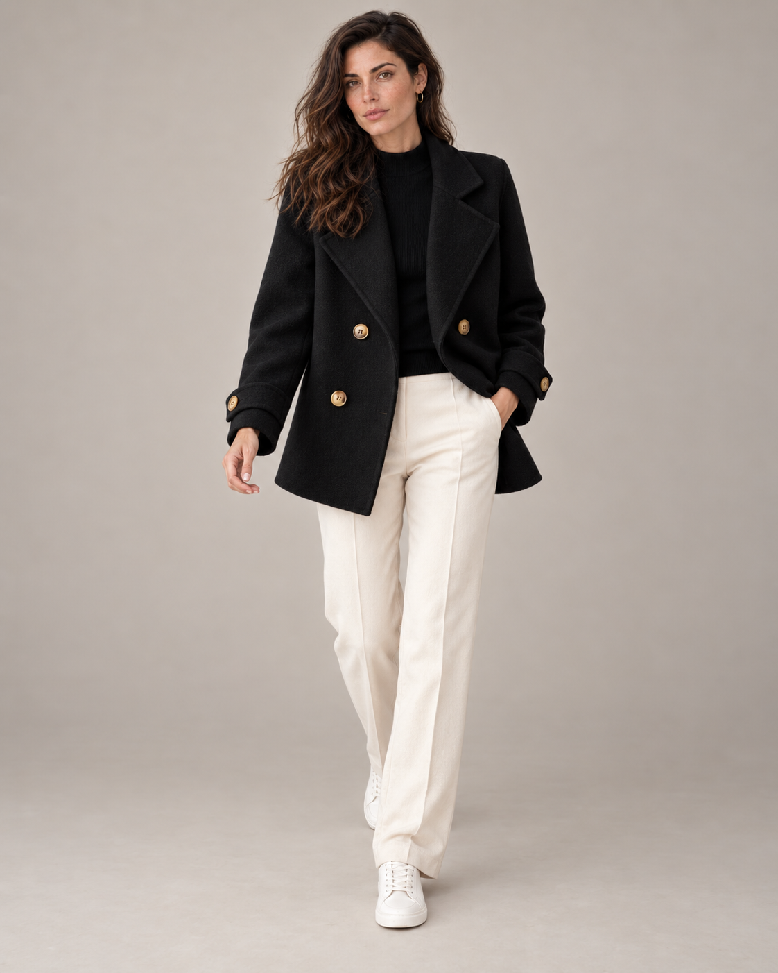 Tiara double-breasted coat in black, full-length view