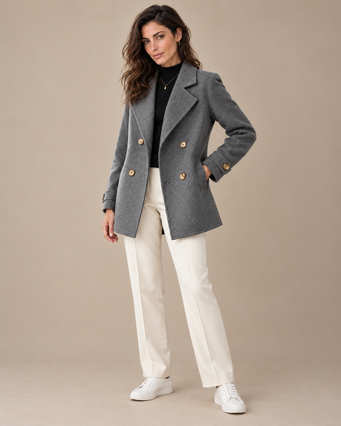 Tiara double-breasted coat in gray, full-length view