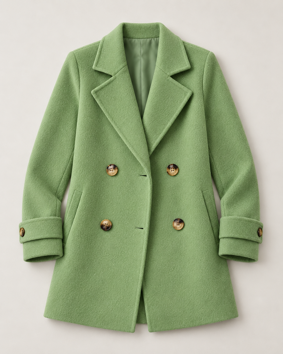 Tiara double-breasted coat in green, flat lay