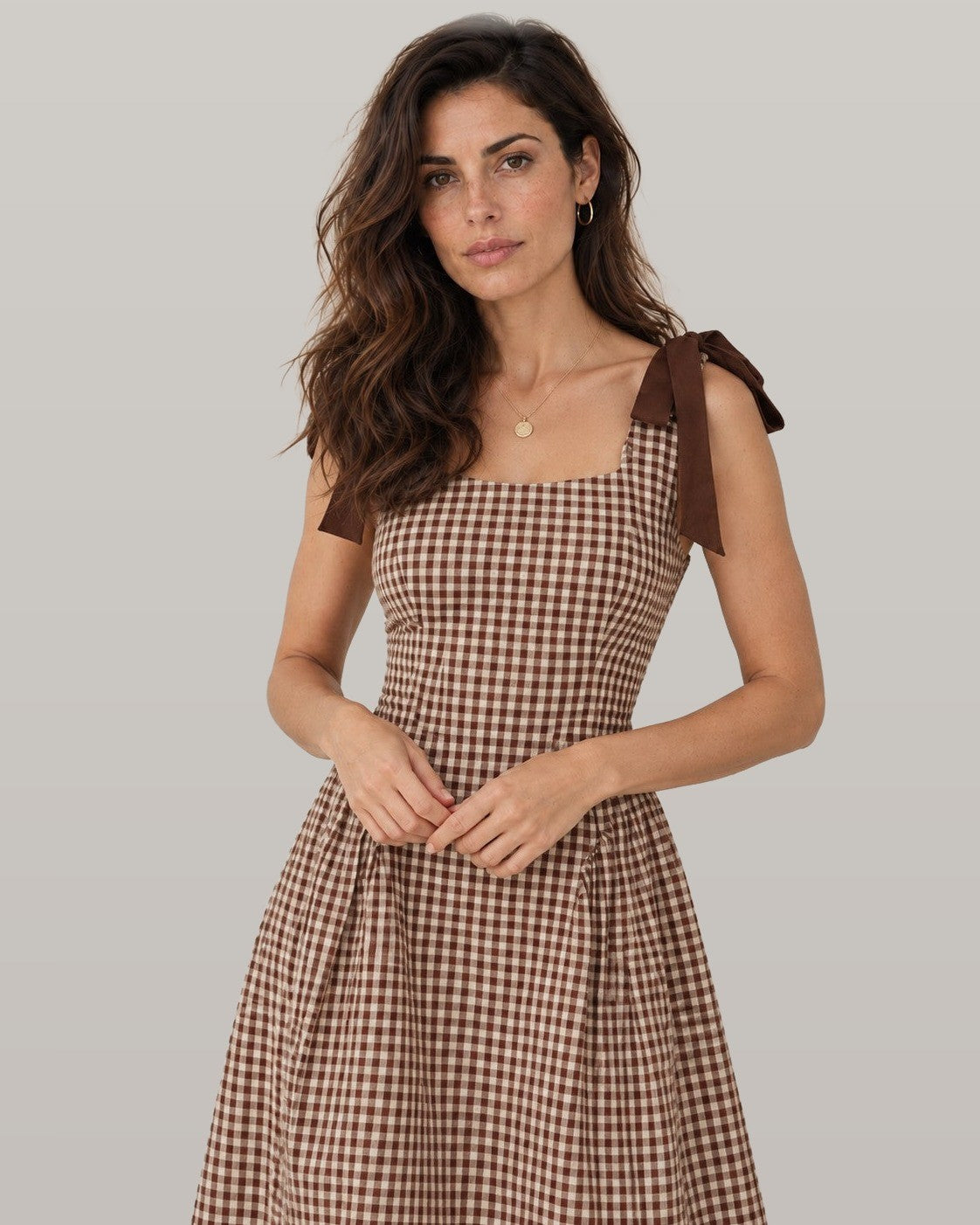Brown Sleeveless Shirred Plaid Midi Dress