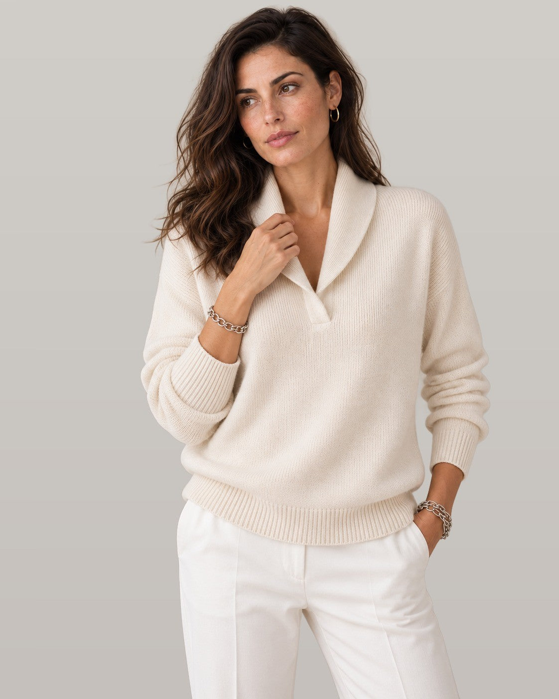 Nella shawl collar V-neck sweater in cream, front view